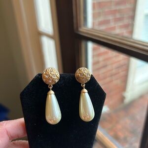 Gold Rhinestone and Faux-Pearl Drop Earrings